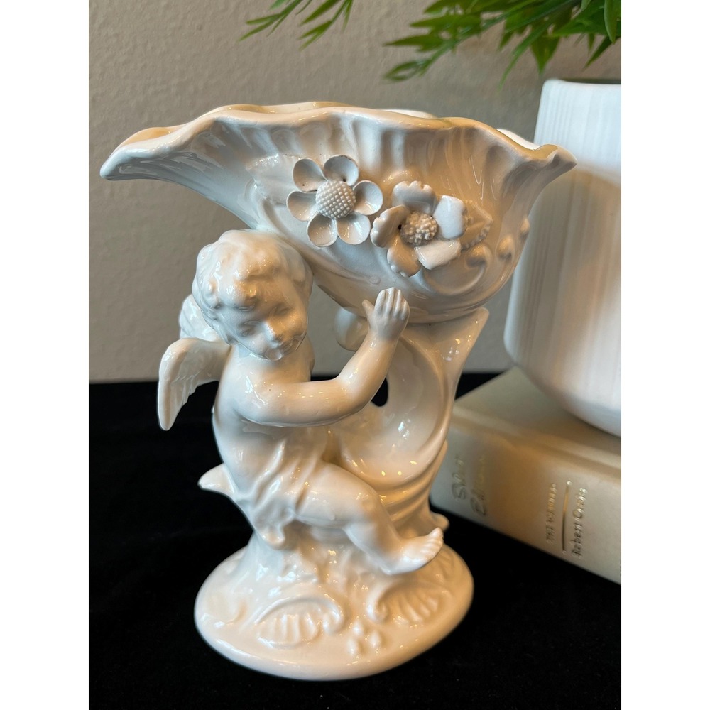 Vintage Ardalt Lenwile Porcelain Cherub Cornucopia-Planter-Vase-White-Japan#6655